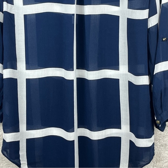 CYNTHIA ROWLEY Nautical Sheer Blouse Popover Navy Blue Window Pane Print Medium - Picture 16 of 16
